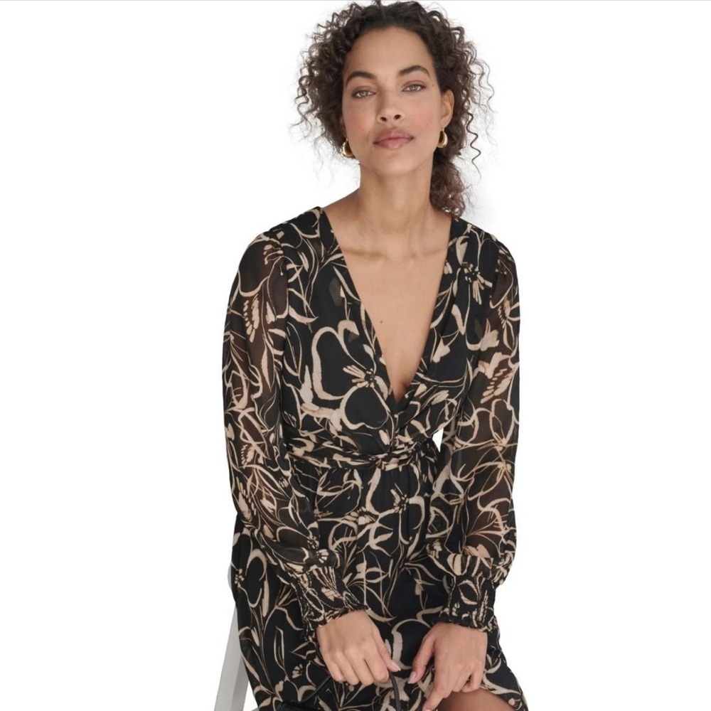 DKNY Black, Tan and Cream Floral Long Sleeve Chiffon Dress, Size 8, NWT - Picture 11 of 12